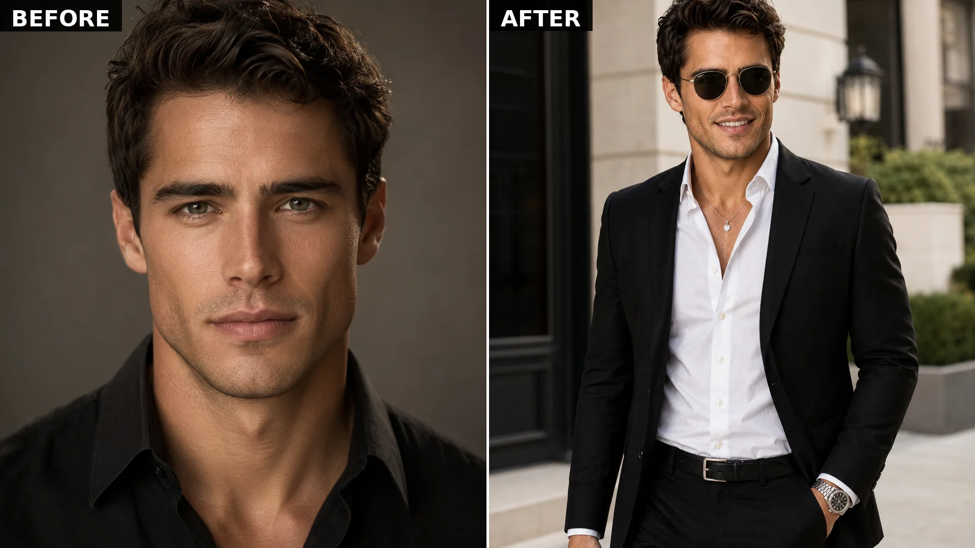 Black blazer and white shirt luxury AI portrait outside a modern building