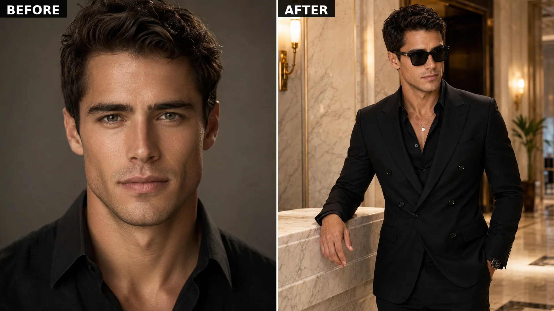 Double-breasted black suit AI fashion portrait in a luxury hotel