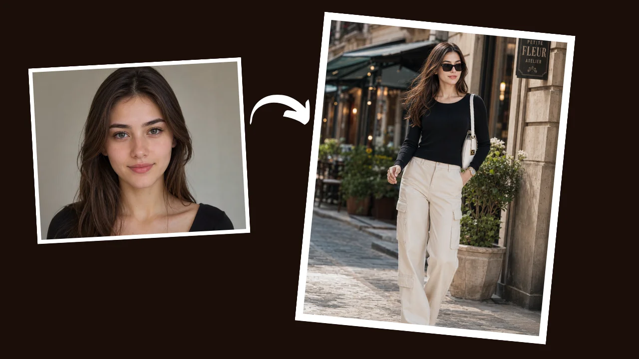 Realistic AI editorial portrait of woman walking through charming European street lined with cafés and boutiques