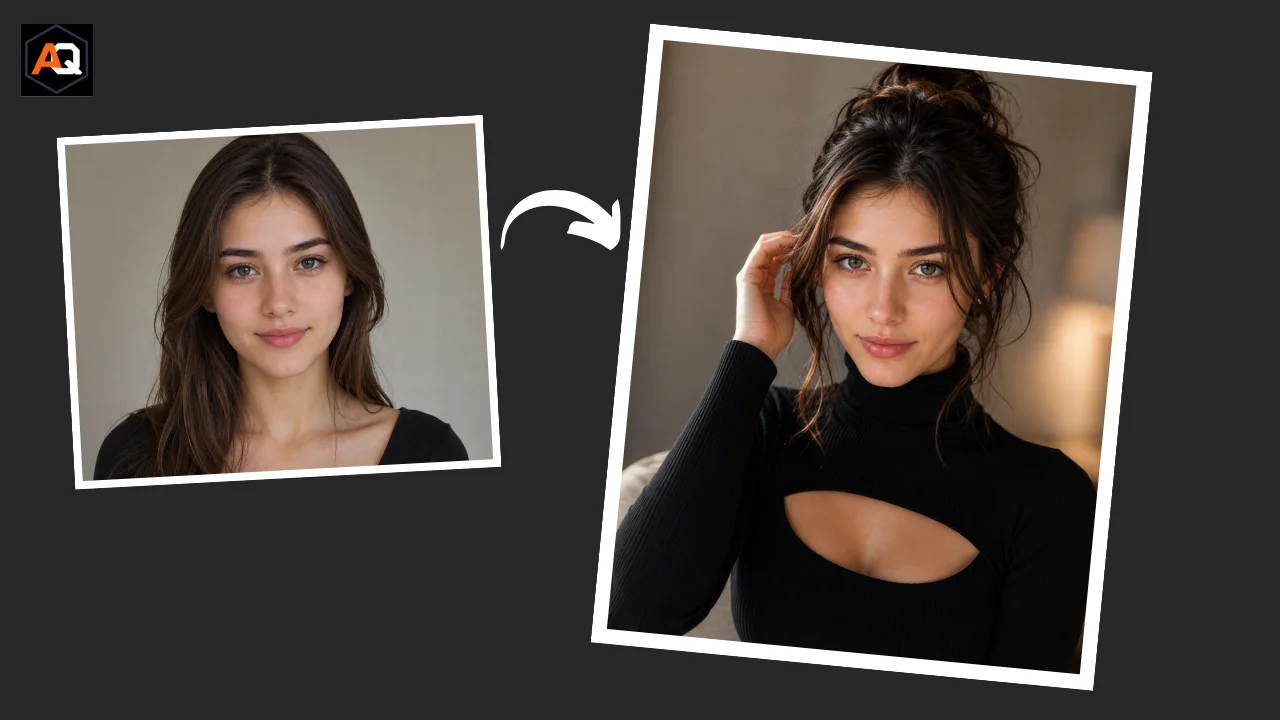 Adult woman touching her hair in a warm, campaign-style beauty portrait