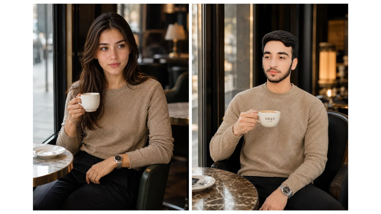 Adult man in layered menswear seated at a cafe table near a window