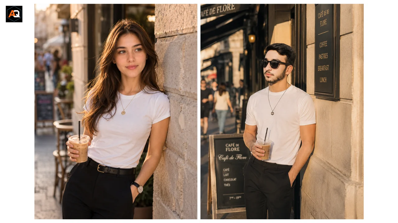 AI-generated example of an adult subject outside a small street cafe with a cold drink.