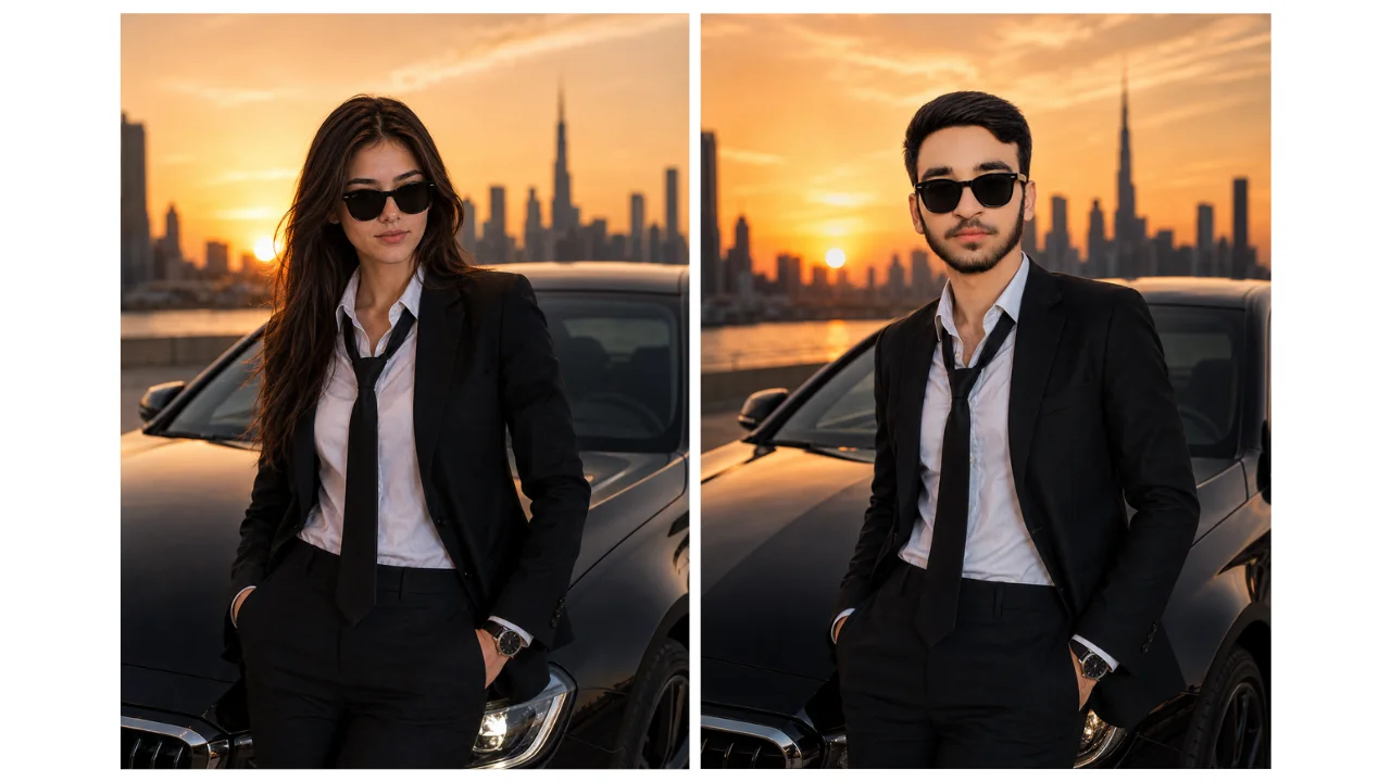 Adult businessman beside an unbranded dark sedan at sunset
