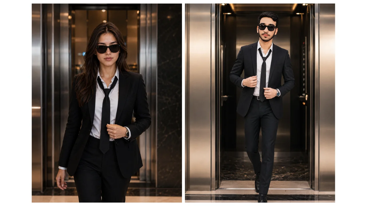 Adult businessman leaving a modern elevator in a dark suit