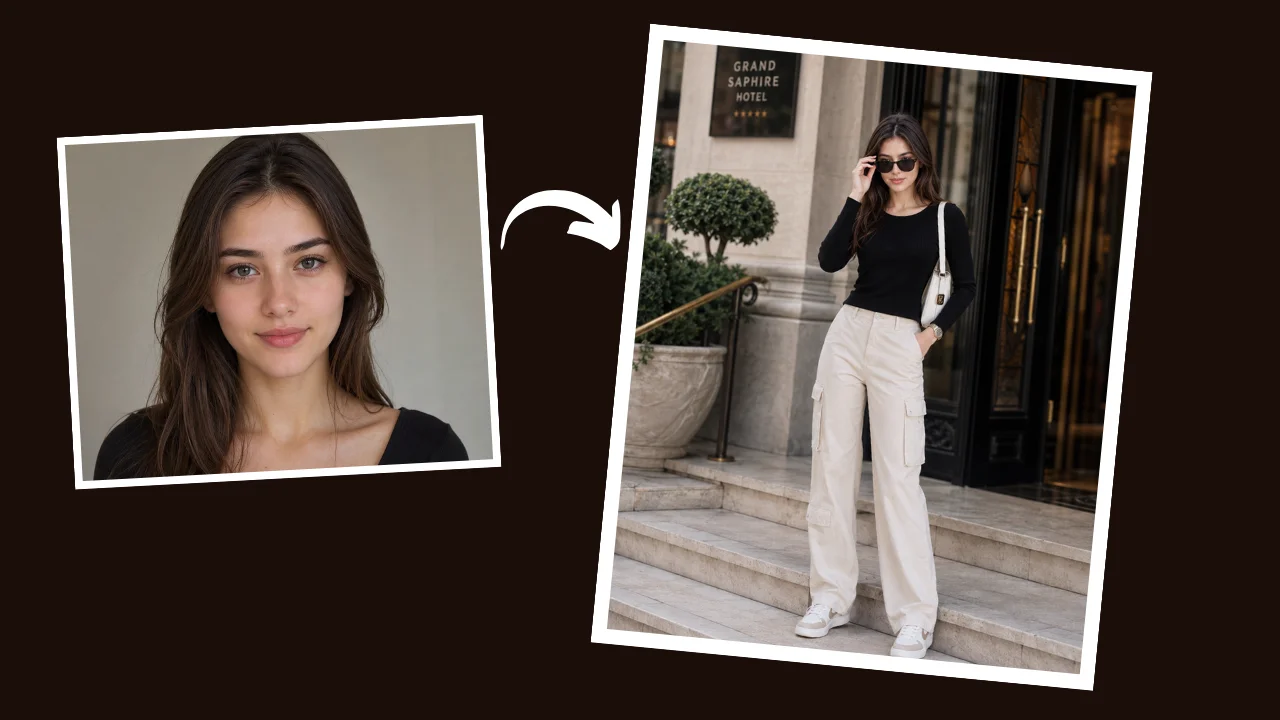 Vogue style AI image prompt for girls — woman posing on elegant stone steps outside a luxury hotel