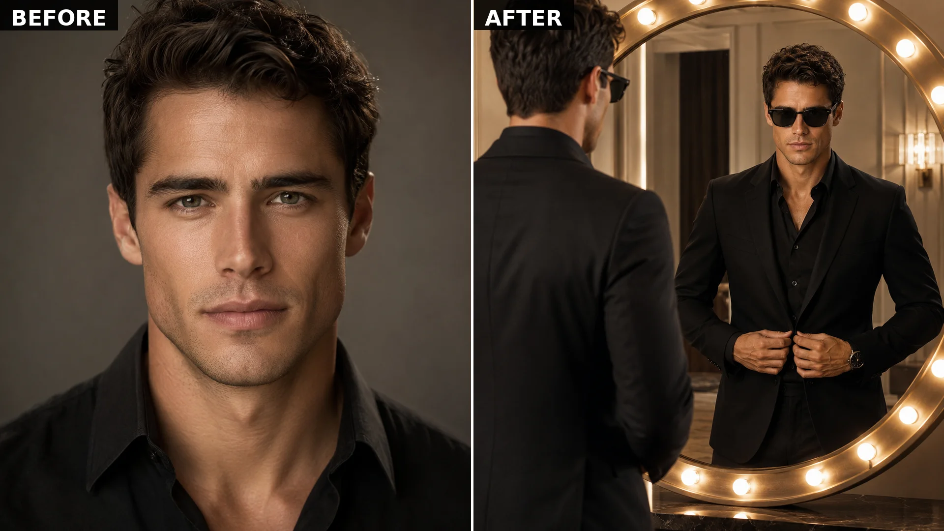Luxury mirror fashion AI portrait in a vanity dressing room