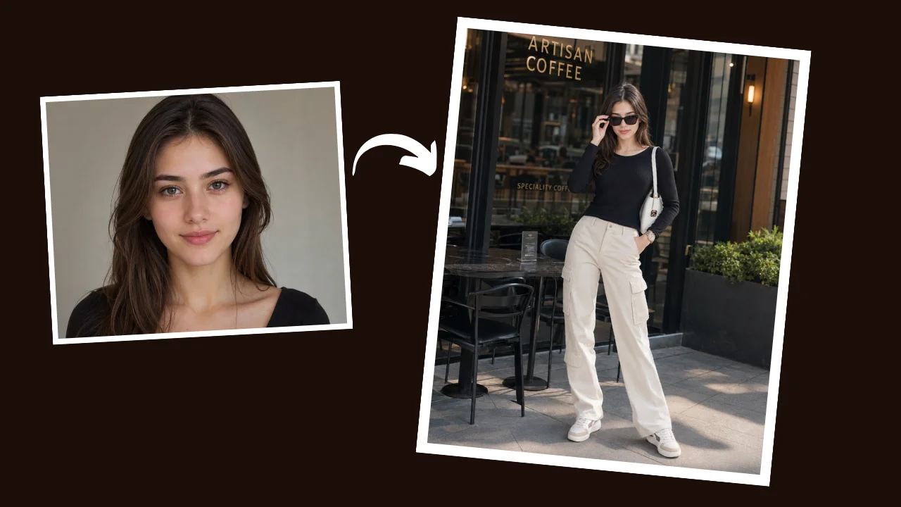 Luxury AI fashion photography prompt — woman standing confidently outside a modern premium coffee shop in street style outfit
