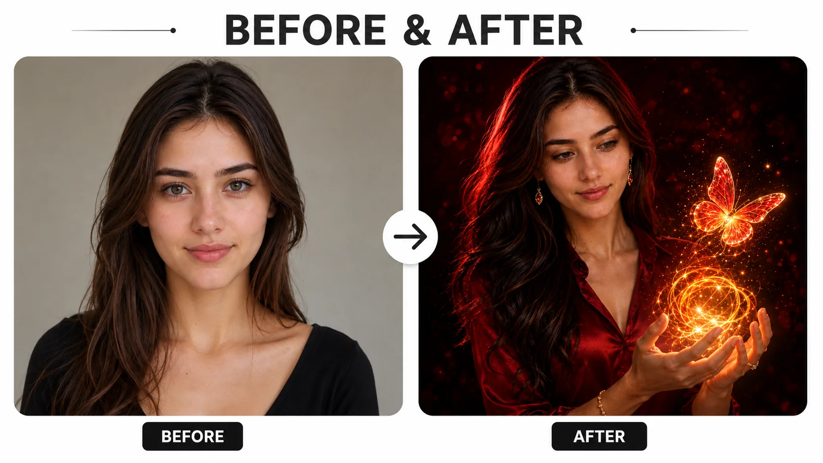 Before and after magical energy sphere and butterfly AI portrait