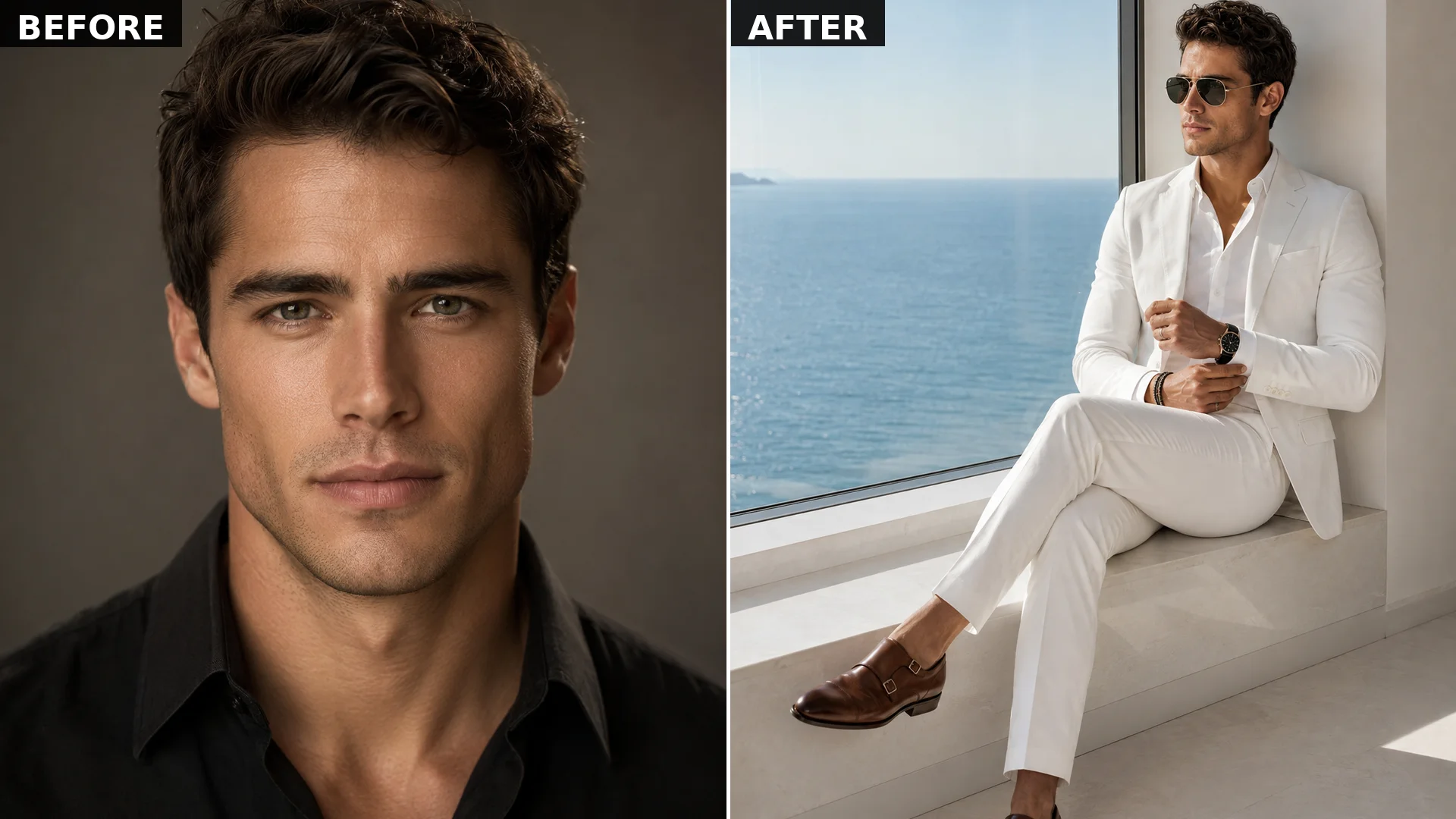 Ocean-view luxury men's AI portrait in an all-white outfit
