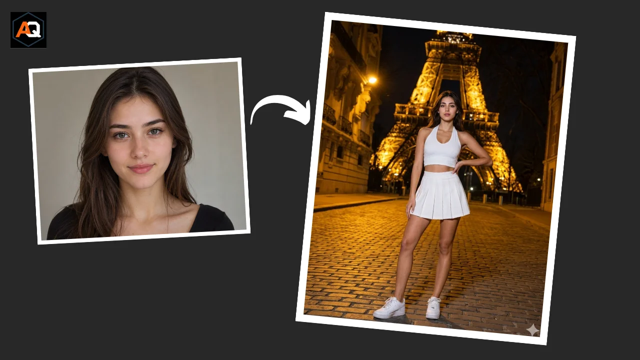 Adult woman in front of an illuminated Eiffel Tower scene at night