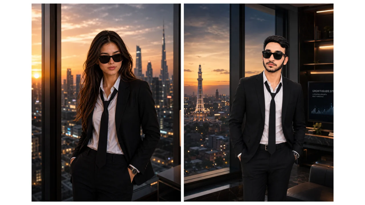Adult man in a suit near a large window with a distant city view