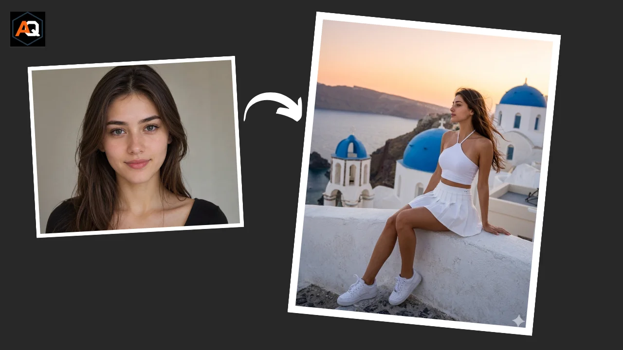 Adult woman seated by white architecture in a Santorini-inspired golden-hour scene