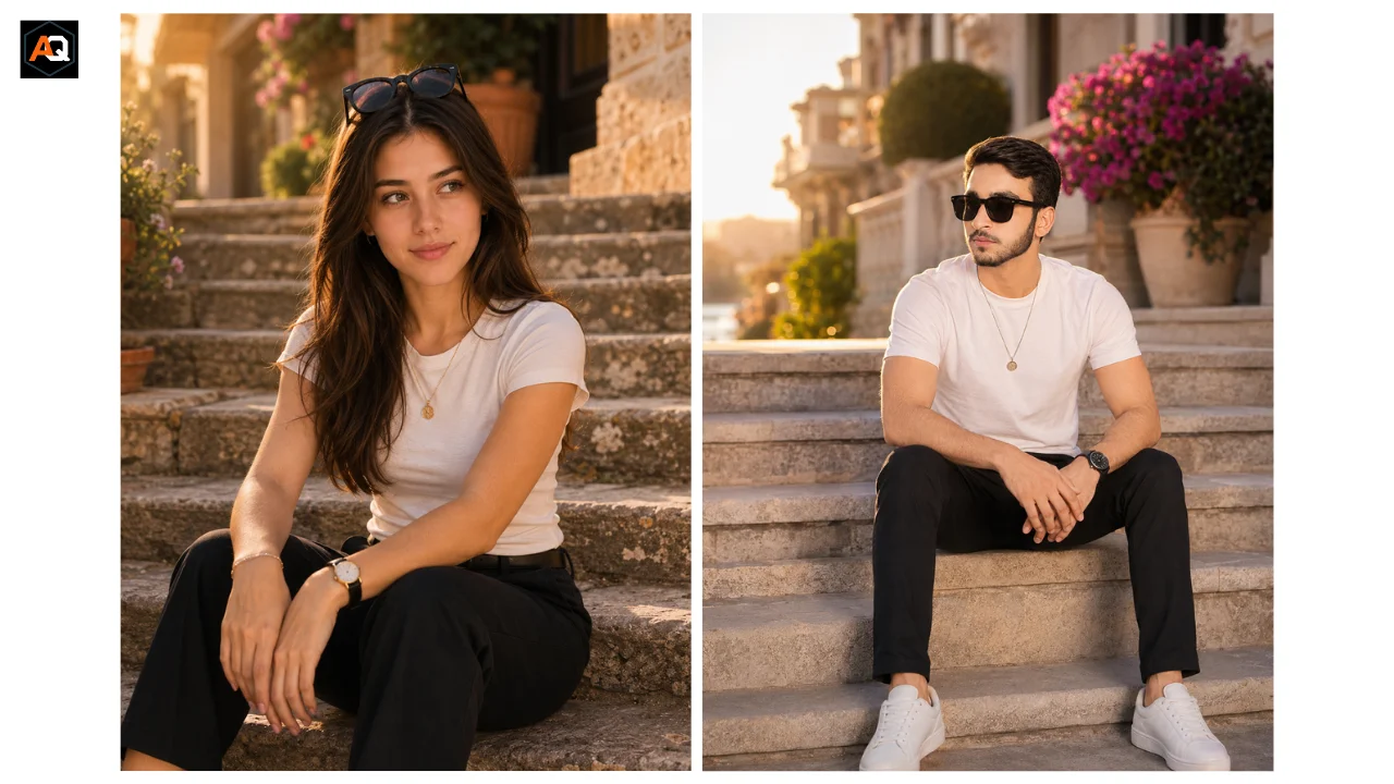AI-generated example of an adult subject seated on broad stone steps.
